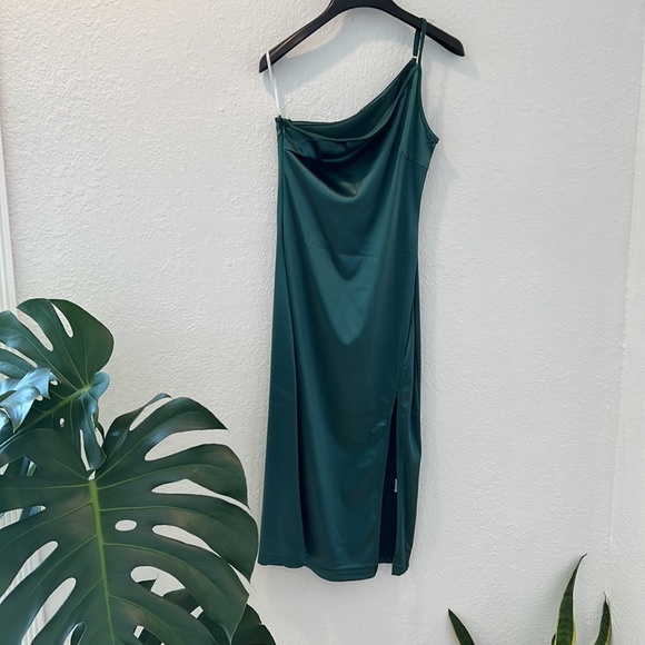 Teal Off the Shoulder Slip Dress with Slit - Picture 7 of 8